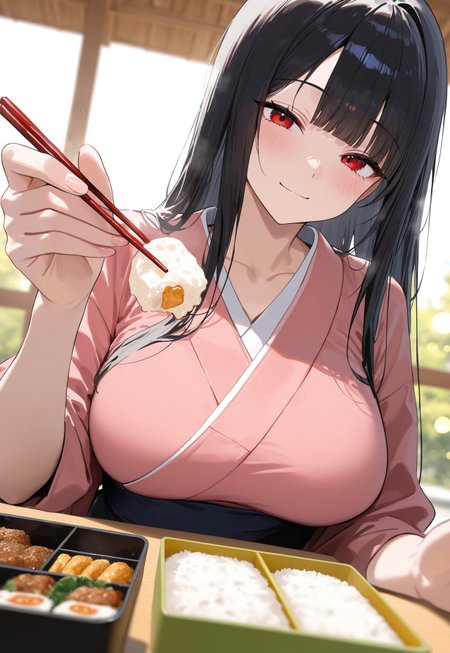 masterpiece,best quality,amazing quality,newest,absurdres,highres, newest,very awa, scenery,  anime,flat color,
(dutch angle),(close up),
1girl, beautiful face, perfect eyes, detailed eyes,mature female,slim body,
black hair,long hair, straight hair,blunt bangs,
 red eyes,head tilt,looking at viewer, closed eyes,
light smile,blush, happy ,
large breasts, collarbone, 
(holding food), bento box, chopsticks, (incoming food:1.3), reaching toward viewer,
pink kimono,
on table,dust,
depth of field,volumetric light,(blurry background:1.2), ,shadow, chromatic aberration, photo background,blurry foreground,sunlight, light rays, lens flare, bokeh