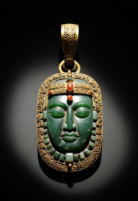 score_9, score_8_up, score_7_up, score_6_up, ((highly realistic, highly detailed, photorealistic, photography, photo)), ((high quality:1.4, best quality:1.5)), ((full view, pov from above)), view of an antique amulet exposed in an museum, the antique amulet is made of carved old jade and aged gold intricate inlay, the the antique amulet come from old Maya civilisation, ((the antique amulet have a Maya face carved on it)), (sharp shadow, dim light, low light, dramatic light), fixl-art