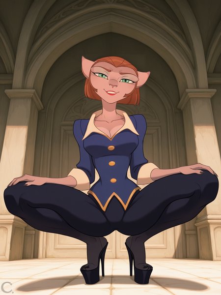 <lora:Captain_AmeliaIL:0.8> c_a, 1girl, cat, furry, ginger hair, green eyes, mint eyelids, freckle on upper right lip,
looking at viewer, squatting, front view, spreading legs, platform high heels