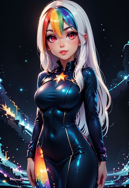 score_9, score_8_up, score_7_up, score_6_up, score_5_up, score_4_up score_9,score_8_up, digital art, realistic 3D illustration, 
BREAK, 
neon coloring, cute, chibi, kawaii, girl Silhouette, magical nebula eyes, full body dress, standing on water, glowing long hair, 
Roxy_Citron_OC,  1girl, solo, red eyes, white hair, rainbow hair, long hair, streaked hair, hair between eyes,
dark background, many neon stars behind, serene, reflection, paint dripping, outline color, clean, sharp edges, minimalist, color black, 
BREAK, 
upper body, 
(head tilt, portrait:1), 
subsurface scattering, soft lighting, contemplative expression, dark background, subtle makeup, high-resolution, detailed texture, emotional depth, dramatic mood, serene atmosphere, cinematic lighting. perfectly round breasts, big breasts, firm breasts, SkinHairDetail, eye contact, looking at viewer, cowboy shot,