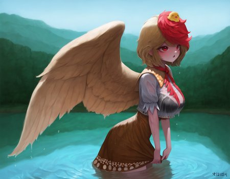 1girl,niwatari kutaka,blonde hair,red eyes,messy hair,large breasts,(chestnut mouth:1.2),flustered,multicolored hair,wings,brown dress,(wet:1.2),wet clothes,light smile,see-through clothes,lake,from side,
<lora:Oh-YeeeeeAh ilust:1>,Oh-YeeeeeAh,masterpiece,amazing quality,very aesthetic,absurdres,newest,depth of field,scenery,