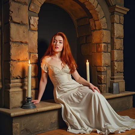 hyperrealistic art watercolor painting expressionist Inside an ancient castle, bathed in the glow of flickering candlelight, the redheaded goddess sitting on the cold stone altar, she's wearing a full victorian dress. Her fiery locks spill over the sacred ground as she gazes upward, looking at the viewer,  her lips parted in an expression of pure, sinful ecstasy. Itâs an image of contrastâholiness and eroticism intertwined, a vision of defiance in a place of restraint  <lora:jialissa64:0.9> jialis . raw, emotional, dynamic, distortion for emotional effect, vibrant, use of unusual colors, detailed . vibrant, beautiful, painterly, detailed, textural, artistic . extremely high-resolution details, photographic, realism pushed to extreme, fine texture, incredibly lifelike