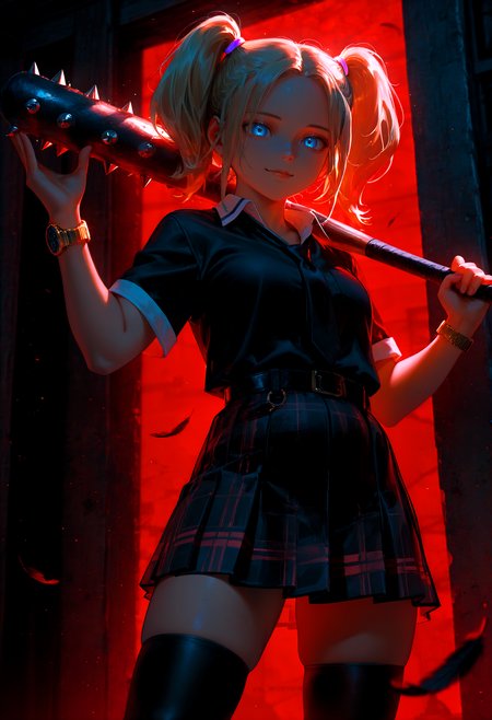 HDR, 8K, high contrast, masterpiece, best quality, amazing quality, very aesthetic, superabsurd res, high resolution, ultra-detailed, absurdres, newest, scenery, (horikoshi kouhei:0.3), (quasarcake:0.3), (wlop:0.3), lightrays, chiaroscuro, dynamic angle, solo, solo, OD_sara, 1girl, plump lips, blue eyes, short hair, parted bangs, blonde hair, twintails, big hair, big twintails, hair tie, closed mouth, collared shirt, black shirt, short sleeves, open collar, black necktie, white trim, plaid skirt, black skirt, red stripes, gold wristwear, wristwatch, black belt, bare thighs, black thighhighs, spiked bat, holding bat over shoulder, textured background, red background, black feathers, floating feathers, looking at viewer, low angle shot, sinister smile, backlighting, partially illuminated, Intricately designed, Mysterious Shadows, BREAK, photorealistic, beautiful detailed eyes, detailed skin, detailed hair, volumetric lighting, dappled light, light particles, dramatic shadows, cinematic lighting, photo background, depth of field, <lora:ponyxl\cfg_scale_boost:0.8> <lora:IL\KMS_OD_Sara_IL-000009:1>