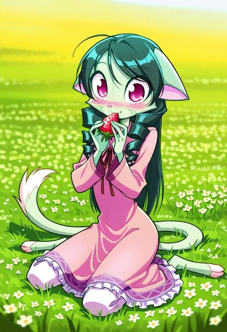 score_9, score_8_up, score_7_up,lilith_calah,
1girl,solo,furry,tail,dark green hair, source_furry,
 ,<lora:lilith_calah_illustrious:0.8>,
child,
masterpiece, best quality, long hair, drill hair, wariza, pink dress, frills, ribbons, eating strawberry, shy, blush, happy, outdoors, flowers, grass field