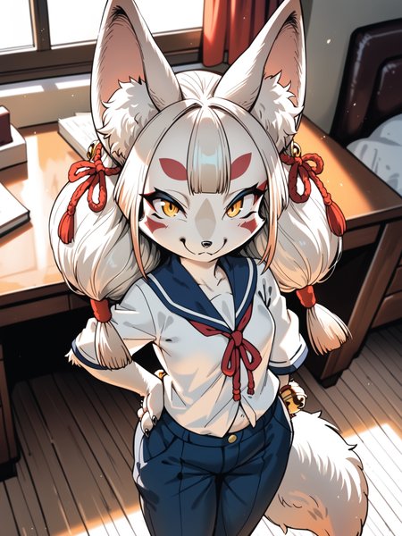 <lora:happy_tentacle-junkohaku-v0.1:1>, ht_junkohaku, hair ornament, jingle bell, fox tail, yellow eyes, small breasts, white fur , seductive smile, bedroom, bed, shirt, pants, desk, window cowboy shot, 1girl, (petite:1.2), solo focus, (looking away:1.1), , (depth of field:0.8), from above, [(realistic, photorealistic:1.1):(realistic:1.3):22], [(3d:1.2)::10], <lora:LUUNA's Lunas-NijiJourney-SDXL-B2:0.6>, nijijourney, <lora:prgfrg23's Counterfeit-V3.0 Style SDXL_LoRA_Pony Diffusion V6 XL:0.3> score_9, score_8_up, score_7_up, score_6_up, score_5_up, score_4_up