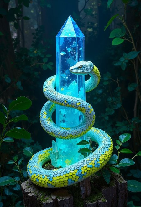 A cinematic conceptual art photograph, showcasing a stunning viper snake crafted from glowing white and lime-colored glass pieces. The snake gracefully coils around a towering, shimmering blue crystal, set amidst the lush foliage of a forest. The vibrant, luminous scales of the snake contrast with the deep blue of the crystal, drawing attention to every intricate detail. The sharp focus and blend of photorealism and surrealism create an immersive and captivating visual experience, transporting the viewer into a mesmerizing world., vibrant, cinematic, conceptual art, photo