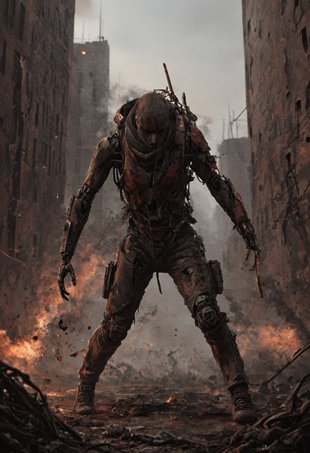 a combat cyborg, battle damaged, looking at the sunset over a faraway distopian city, smoke rising high on the horizon, colorful, muted rusted eroded paint,