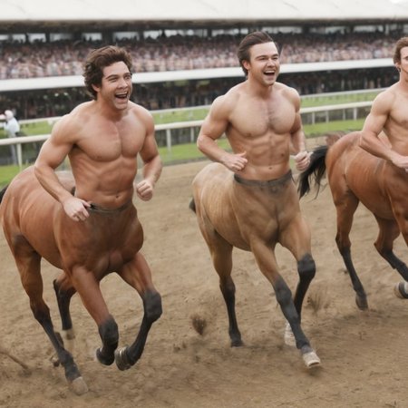 (closed shot:1.3), upper body, outside, 2 handsome male centaurs are chasing at a horse racing track, (4 horse legs), bare chest, joyful smile, <lora:centaurx:0.8>