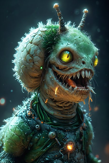 full body. Concept art of a radioactive, mutated horror snail with raised neck fur, long bloody teeth, and sharp, extended claws. It has a terrifying and deadly appearance, with glowing green eyes, cracked and blistered skin, emitting a faint toxic glow, and an overall sinister and menacing presence.
<lora:add-detail-xl:2> <lora:MJ52:0.5> <lora:great_lighting:2> great lighting, <lora:zkeleton:0.3> zkeleton,
large depth of field, hyperdetailed photography, masterpiece, best quality, high quality, highres, ultra-detailed, best quality, 8K, high resolution, extreme detail, (outstanding composition:1.4),  <lora:ES_Kurosawa_Samurai:1> <lora:ArsMJStyle_-_CuteSDXL:1> ArsMJStyle, Cute
