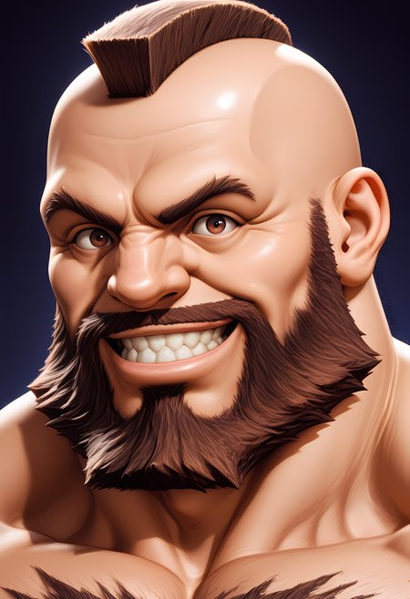masterpiece, best quality, amazing quality, dutch angle, abstract background, BREAK
1boy, solo, male focus, sf_zanfief, brown eyes, brown hair, mohawk, beard, facial hair, face focus, smiling, BREAK
<lora:cfg_scale_boost:.6>   <lora:Zangief_-_Street_Fighter_-_ILXL:1>