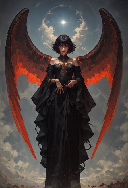 score_9, score_8_up, score_7_up,  woman, black skin, intricate, gold trim, fringe, wings, otherworldly, ceremonial outfit, Crystaline Peaks, snake, vibrant, high contrast, (atmospheric perspective:1.4)  <lora:sdxl/pony_freckledvixon_gothic_oil_style:0.7> d4rk01l <lora:sdxl/pony_summer_days_style:0.5>