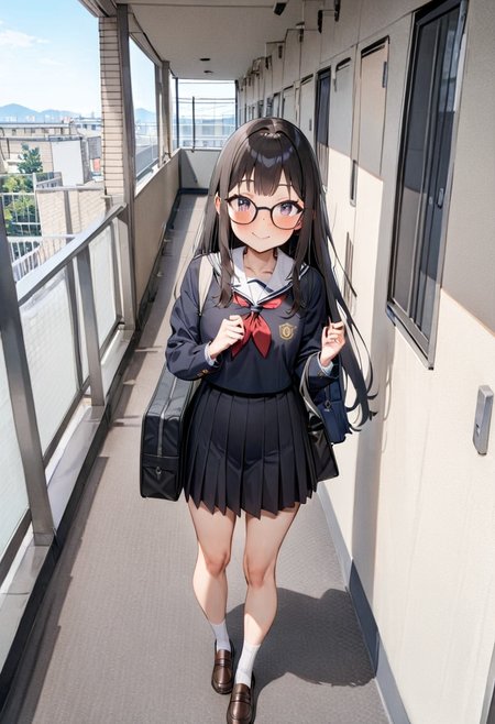 masterpiece, best quality, very aesthetic, absurdres,
1girl, glasses, black hair, long hair, school uniform, school bag, smile, blush, solo focus, standing, looking at viewer, 
rouka, hallway, scenery, window, building, day, sky, door, outdoors, blue sky, cityscape, city, real world location, 
 <lora:JProuka_apartment_hallway_SDXL_V1:1>