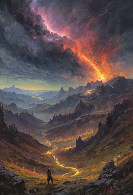 grotesque creatures, In a dramatic scene, a meteor shower lights up the night sky, turning it into a burning spectacle of fire and light. Meteors streak across the heavens, leaving trails of flame as they descend. Below, a wide valley is bathed in the fiery glow, the landscape illuminated by the falling celestial bodies. Each meteor blazes brightly, creating a stunning contrast against the dark sky. The valley is a mix of shadows and vibrant light, with the burning sky above transforming the serene landscape into a scene of awe-inspiring natural power. moonlit night.romantic impressionism, dream scenery art, beautiful oil matte painting, romantic, beautiful digital painting, anime landscape, romantic painting, dreamlike digital painting, colorful painting, thick brushstrokes characteristic, rough stroke,  beautiful gorgeous digital art, style Karol Bok, Brian Froud, Wendy Froud, Guy Davis, Sergio Sandoval