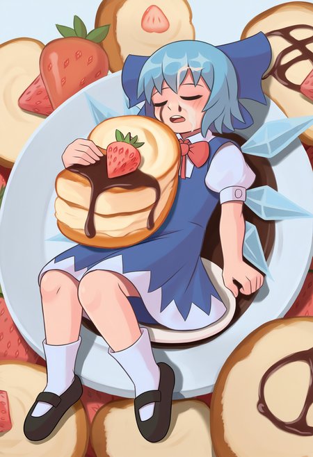 score_9, best quality, masterpiece, uncensored, source_anime
BREAK
1girl, solo, short hair, simple background, dress, bow, blue hair, closed eyes, short sleeves, hair bow, lying, food, wings, shoes, socks, puffy sleeves, black footwear, puffy short sleeves, fruit, blue dress, blue bow, sleeping, white socks, mary janes, plate, ice, strawberry, ice wings, food focus, pancake, pancake stack, syrup, cirno, happy, open mouth, food on face
<lora:duhota_pony_v3:1>