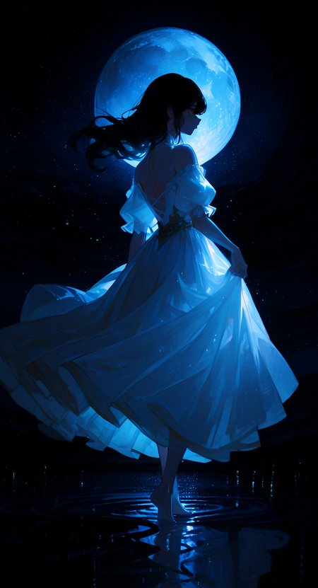 masterpiece, best quality, good quality, very aesthetic, absurdres, newest, Tranquility,Elegance, 1girl, solo, long hair, black hair, Eye reflections, Multi-layered hem dress, lace, closed mouth, bare shoulders, standing, full body, short sleeves, outdoors, sky, barefoot, puffy sleeves, white dress, see-through,off shoulder, from behind, water, puffy short sleeves, profile, floating hair, night, back, moon, star \(sky\), wind, night sky,( light particles:1.3), full moon, starry sky, reflection, walking, backless outfit, long dress, off-shoulder dress, skirt hold, bare back, backless dress, shoulder blades, ripples, moonlight, reflective water, reflective floor, standing on liquid, floating clothes, Medium moon,
looking_at_viewer, moonlight, backlighting,Soft lighting <lora:spo_sdxl_10ep_4k-data_lora_webui:0.6> <lora:ponyv5_noobV065S_1_adamW-000013:0.7> <lora:USNR_STYLE_XL_lokr:0.45> <lora:EtherSDXL:0.15> <lora:748cmSDXL:0.8> <lora:backlitILL:0.6> <lora:DarkerThanDarkIllustriousV1:0.15>