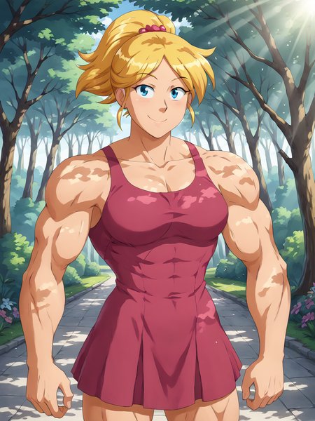 core_9, score_8_up, score_7_up, BREAK, M0sc0l4rCl0v3r, 1girl, solo, blue eyes, blonde hair, ponytail, pink dress, muscular female, outdoor, smile, looking at viewer, sunlight, shadows, natural lighting, sunlight, light particles, light rays, sunbeam, dappled sunlight  <lora:Muscular_Clover-000009:1>