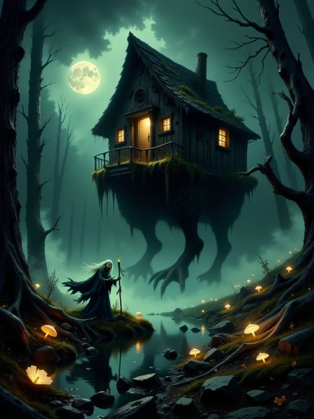 highly detailed dark fantasy-style painting of baba yaga, the witch, in front of her iconic hut on chicken legs, inspired by j.m.w. turner's shade and darkness - the evening of the deluge, eerie and foreboding atmosphere, romanticism, impressionism, surrealism, crepuscular rays, a mist-shrouded ancient primeval forest with otherworldly vegetation, thick with twisted, gnarled trees that loom menacingly over a swamp, tendrils of fog snake along the ground, dense underbrush cloaked in shadows, the landscape is wild, overgrown, and untamed, poisonous creeping vines and roots sprawled in every direction, and amidst the mist stands baba yagaâs infamous hut perched on gigantic, grotesque chicken legs, the hut appears crooked and unstable, yet it towers above the swamp, its twisted wooden structure covered in decaying moss and old, weathered runes, skulls and ominous talismans hanging from the roofâs edge, the foreground is filled with gnarled roots, glowing mushrooms, bioluminescent poisonous-looking swamp flowers, mossy rocks, and decaying leaves, in the background, ancient primeval trees stretch upwards into the mist, their branches clawing at the sky, the oppressive fog wraps everything in a suffocating grip, with baba yagaâs hut standing out in stark contrast, glowing faintly from within, baba yaga stands in the foreground, an old hag, her silhouette hunched, her long grey hair blowing wildly in the night breeze, she is cloaked in tattered robes of dark, earthy tones, her bony hands clutching a twisted wooden staff adorned with bone charms and feathers, her piercing eyes glow with a malevolent light as she gazes at the viewer, her expression twisted with a knowing, sinister grin of dark amusement, her hutâs massive chicken-like legs are mid-step, bent as it moves through the swamp, surrounded by swirling mist, the wooden structure ancient and weathered, the door slightly ajar as though beckoning to anyone foolish enough to approach, low-angle wide shot, the viewer looks up at baba yagaâs imposing figure and the towering hut, emphasizing their size and power, the hut looms ominously in the background while baba yaga stands near the foreground, her hutâs massive legs stepping through the swamp, casting ripples in the murky water below, the low angle creates a sense of looming danger and an overwhelming presence, the scene is dimly lit by the soft glow of the moon, with dappled moonlight filtering through clouds, faint beams of moonlight create dappled shadows across the swamp, the hut itself glows faintly from within, with eerie green and yellow light casting ominous reflections on the murky swamp waters, subtle backlighting from the moon gives baba yagaâs figure an ethereal yet malevolent outline, faint glowing sparks of magic trail from baba yagaâs staff, swirling with the mist, enhancing the dark, mystical feel, dark fantasy aesthetic with surreal elements, emphasizing mood and atmosphere, textures of decaying wood, damp earth, and creeping mist are prominent, creating a vivid sense of place and foreboding, jeddrkfn, horror, <lora:style-dark_fantasy-flux-by_jedas:0.6> <lora:epic_gorgeous_details-balance-flux-by_flyway:0.28> <lora:image_enhancer-flux-by_dever:1.0>
