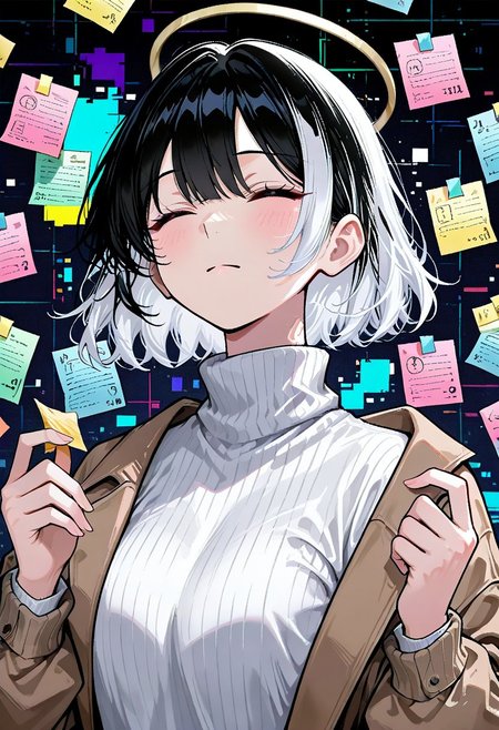 Jed-StickyN, d_up, 1girl, black hair, short hair, closed eyes, sticky notes, white hair, multicolored hair, medium hair, shirt, turtleneck, sweater, long sleeves, turtleneck sweater, jacket, glitch, upper body, abstract background, white shirt, halo