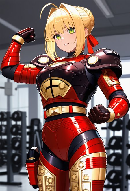 1girl, solo, R3ddle, armor, bodysuit, shoulder pad, gloves, belt, holster, shiny clothes, (nero claudius (fate):0.9), blonde hair, green eyes, flexing, looking at veiwer, smile, parted lips, cowboy shot,
indoors, gym,
best quality, very aesthetic, masterpiece,