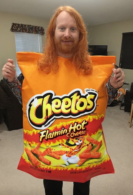 flamin_hot_cheetos_bag_costume, bag, print shirt, full body, ginger hair,
