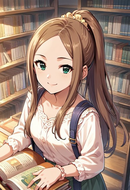 score_9, score_8_up, score_7_up, source_anime, matsuyama kumiko, long hair, brown hair, green eyes, 1girl, solo, smile, ponytail, hair ornament, scrunchie, looking at viewer, hair scrunchie, book