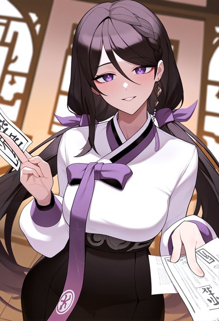very awa, masterpiece, best quality, year 2024, newest, highres, absurdres, <lora:age_slider_v4:3> <lora:thicc_v1.4-pony:1.2>,detailed_background,indoors,korean clothes,long sleeves,looking at viewer,solo,low twintails,black skirt,purple bow,purple eyes,black hair,ban mumani,breasts,paper,ofuda,skirt,1girl,long hair,collared shirt,parted lips,eternal return: black survival,swept bangs,between fingers,bow,medium breasts,hair between eyes,ofuda between fingers,sidelocks,side braid,highres,twintails,hyejin \(black survival\),black survival,shirt,braid,very long hair,holding paper,white shirt,holding