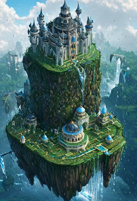 castle,
A traveler looking at a gigantic castle made of dozens of towers, medical, white, grass,matchcraft floating island , ((floating island)), ((towers )),( sky ), (fly ), cloud,waterfall, raining, breezes, stream of water, river