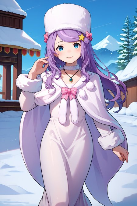 score_9, score_8_up, score_7_up, score_6_up, source_anime, 1girl, solo,   <lora:rzanastasia-pdxl-nvwls-v1-000006:1> rzAH, lavender hair, long hair, swept bangs, blue eyes, fur hat, white hat, star hair ornament, fur choker, necklace, white cape, fur trim, white dress, long dress, pink bow, long sleeves, looking at you, walking, snow, blue sky, happy, blush, hand up