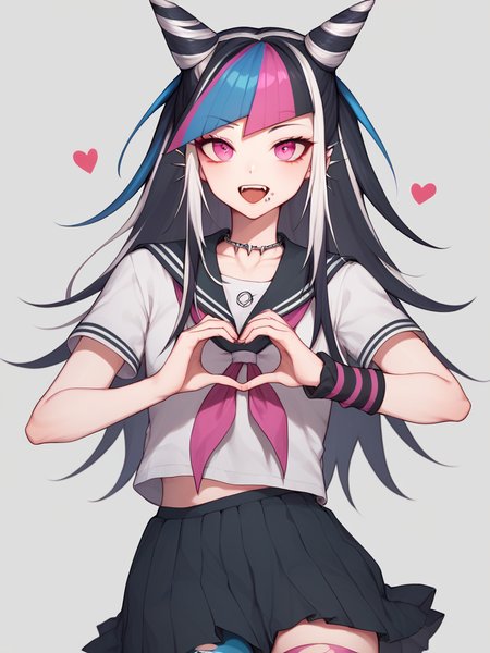 score_9,score_8_up,score_7_up,<lora:danganronpa_all:1>,1girl,character: mioda ibuki,solo,grey background,simple background,heart hands,hair horns,mouth piercing,pink eyes,black hair,blue hair,long hair,multicolored hair,pink hair,white hair,blunt bangs,black skirt,grey shirt,mismatched legwear,serafuku,torn clothes,black sailor collar,highres,necklace,:o,korean commentary,protected link,