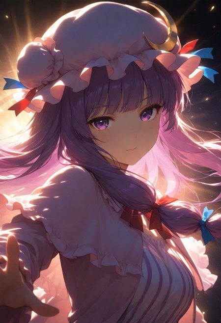 volumetric lighting, ambient occlusion, luminescent background, masterpiece, best quality, absurdres,masterpiece, best quality, very awa, absurdres,,mage
BREAK
dynamic pose,dynamic angle,upper body focus, close-up, cinematic angle, looking at viewer
BREAK
patchouli knowledge, 1girl, solo, purple hair, purple eyes, long hair, mob cap, crescent hat ornament, mob cap,