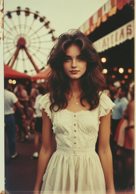 score_9_up, score_8_up, score_7_up, score_6_up, <lora:PLRD:0.9> PLRD, Polaroid photo, authentic Polaroid texture, retro aesthetic, 1 gorgeous girl, 1girl, young girl 1950's image, retro, long dark hair, messy style hair, smooth face, blue eyes, white dress, simple dress, tan skin, rural setting, carnival background, ferris wheel,night:1.3, dark, indirect light, detailed background,
