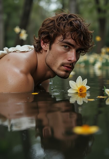 hamanv1, water droplets create a wet water effect, aidmamj6.1
((You are a professional photographer working with an analog photo camera, making masterpiece sensual photographs. Photos are non-explicit, but they are exceptionally emotional, alluring and sensual)).
A cinematic over-the-shoulder composition of Narcissus ((athletic Greek man, 25 years old, sunlit olive skin, white frayed chiton, cascading shoulder-long spiky chestnut curls)) kneeling at the edge of a still forest lake, looking at water. The viewers peers diagonally downward, over his shoulder, his shoulder and windswept hair framing the foreground, while his flawless reflection dominates the water’s surface in hyper-detailed clarity. Individual water droplets on Narcissus’s shoulder, one sliding down to merge with his reflection’s tear. Flowers woven in his hair, frayed edges of his chiton, large airborne iridescent dragonflies frozen mid-flight, airborne daffodil flowers float around . Large passionate green-in-green eyes watch his mirroring reflection whilst the reflection gazes at viewers.
Subject Focus: Reflection: Immaculate mirror-image of Narcissus’s face - symmetrical features, parted full passionate lips, and wide green-in-green eyes fixated on his own beauty. 
Distortion: Subtle ripples warp the reflection’s edges.
Foreground: Back of Narcissus’s head, strands of hair catching golden-hour light, loose threads of his chiton grazing the water.
Midground: Pristine reflection framed by narcissus flowers sinking into the abyss.
Background: Darkening forest with ghostly Greco-Roman frescoes peeling off tree trunks, Echo’s shadow faintly etched into bark.
Lighting & Atmosphere:
Overcast skies,  soft colors, soft light, single sunbeam in the damp air illuminates the reflection like a spotlight, while the surrounding water absorbs light into black velvet depths.
Subsurface scattering in the lake mimics liquid mercury, blending realism with surrealism.
Technical Specs:
Shot with a 105mm macro lens (f/2.8), shallow depth of field blurring the forest into abstract brushstrokes, reflection rendered in 4K sharpness.
Muted colors, keep background frescoes at 20% opacity to maintain focus on the reflection. Dappled sunlight creates a halo effect around his reflection, contrasting with the murky depths,
Hyper-detailed, long exposure, motion blur, photorealistic, ornate, intricate, intrinsic details, cinematic shot, bokeh. ((Dutch angle!)). Imposing side view, perfect rendering, real, masterpiece of photography, very detailed, very high quality, 8K, UHD, HDR, sharp focus on man's face and torso, shallow depth of field.