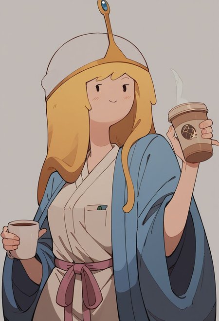 score_9, score_8_up, score_7_up, ((b0bbl3g0m)), wear only bathrobe, one breast oops, holding a cup of coffee in hand, smile, source_cartoon, in the style of adventure time, Expressiveh
, zPDXL