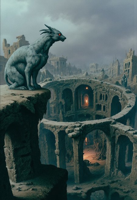 aidmaMJ6.1, Made out of paper, a PaperStyle , d4artstyle, d4concept, , d00mstyle, made of clay, ZBClay model of a gray sculpture AmanoER 
Gargoyle perched on the broken parapet of an ancient fortress, its stone body covered in cracks and moss, eyes glowing with an eerie faded red tinted light as it watches over the desolate dungeon below, the wind howling through the ruins, the distant sound of a tolling bell echoes through the valley, signaling the approach of something dark and terrible., in the style of live action dark fantasy, retro, 80s Panavision look 
Background solid color with a faded dimly lit, fog-covered darkness tone that emphasizes its silhouette. The medium is not a traditional painting or illustrative medium like watercolor or ink but rather a digital rendering, eerie and unsettling.