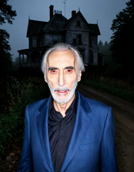 an old christopher lee, vampire alike, with a creepy look,  in the foreground, looking at the camera, he is very creepy,creepy enigmatic smile,hes sems to invite you in,  nighttime, dense fog,  abandoned house, rural road, heavily wooded area, heavy fog, misty, (dark, dim, dim lighting:1.4), creepy, evil, midnight     <lora:Rawfully_Stylish_v0.2:1> raw lighting, overexposed, harsh flash, (score_9,score_8_up,score_7_up) (8k, RAW photo, highest quality, best quality, masterpiece, ultra-detailed, hires, absurdres, sharp focus), (photorealistic, hyper-realistic)