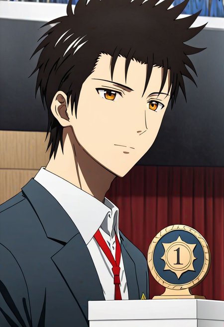 Highres, Masterpiece, High Quality, 4K, 8K, solo, 1Boy, Soujirou Agata, brown eyes, black hair, smart, 1st place, podium, winner, game, competition, easynegative, detailed_eye_model
