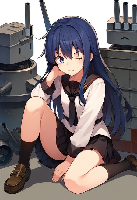 score_9, score_8, score_7, source_anime, akatsuki (kancolle), sitting, one eye closed, shoes, blouse, no headwear, loafers, machinery, black serafuku, skirt