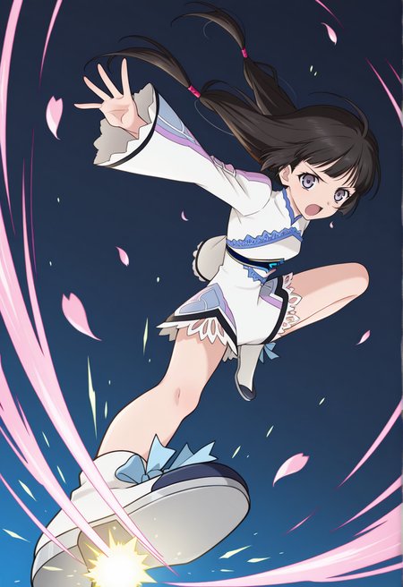 serious, floating petals, sakura petals,
BREAK,
<lora:kohak_illustriousXL_v03:1.4>
kohakdef, black hair, purple eyes, very long hair, blunt bangs, ahoge, low tied hair, twintails,
white bodysuit, long sleeves, wide sleeves, lace, back cutout, laced sleeves,
bare legs,  pointe shoes,
<lora:riderkick_Illust_v1:0.7>rider kick, flame effects, spark, glow, incoming attack,, source_anime, very aesthetic, anime coloring, masterpiece, 
best quality, amazing quality, ultra detailed, very aesthetic, 
detailed background, 
BREAK,, gradient background, dark blue background, particle effects,