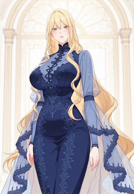 zPDXL3, score_9_up, score_8_up, score_7_up, ,Masterpiece,(perfect female body:1.2), small waist, (incredibly detailed:1.4), beautiful fingers, (large breasts:1.4) looking at viewer, huge breasts,  <lora:Aria_Roscente_-_The_Villainess_Reverses_the_Hourglass-Kaleid_Illustrious:1>aria roscente, 1girl, green eyes, blonde hair, very long hair, hair between eyes, eyelashes, dress, blue dress, long dress