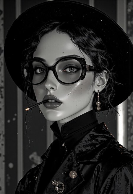 Close-up portrait of a stylish 1920s elegant young woman in monochrome, featuring round black glasses with a classic design, an aigrette hat adding a vintage touch, and natural freckles adorning her face. Her hair is loosely tied with soft strands framing her face, complementing her piercing gaze. A long ebony cigarette holder with a lit smoking cigarette is subtly held between her slightly parted lips, adding a seductive vibe. Her entire appearance reflects a touch of feminism, blending elegance with a bold social statement. The overall tone is sleek and detailed, highlighting the interplay of light and shadow in a black-and-white aesthetic. 