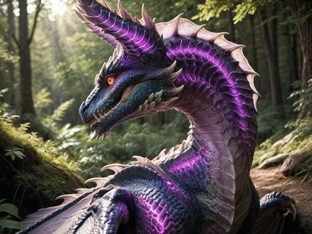 <lora:MH_Alatreon_a1_16_PonyXL:.5>, score_9,score_8_up,score_7_up, nature photography, (Close up, extreme closeup, extreme portrait), cropped photo,
headshot side profile
(alatreon:1.1),feral,(glowing purple:1.4),by smewed,(by claweddrip:0.5),solo,hi res,detailed background,forest, looking back at viewer, facing viewer,extreme detail
,detailed eyes,tail,red sclera,yellow eyes,wings,hands on ground,
sunlight,  hardlight , bloom, translucent, subsurface scattering, sharp hyper detailed, (shiny metallic skin:1.2), (ultra-detailed scales:1.1), glowing, <lora:RM_Enhancer_v1.0_bf16:.1> <lora:p:.2> <lora:Add_More_details_SD3:.5>