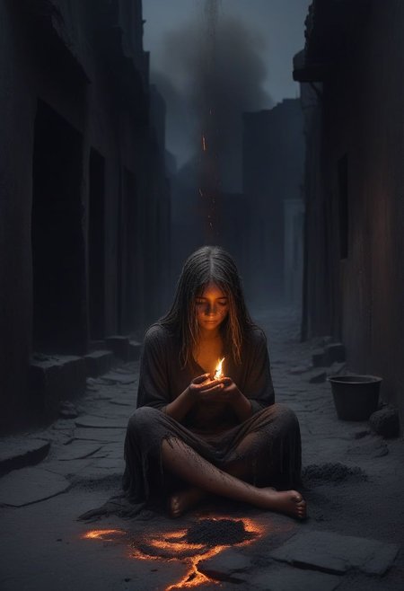 ((image of a lonely young girl sitting in a dark street realm)),hair covering face,ragged clothes,(feet covered in ash),ash falling from the skies,dark background,emptiness,girl has a lit match on her hands that has a dim light, eclipse in the background with dripping lava,(fire on her hands),deep darkness,hopeless