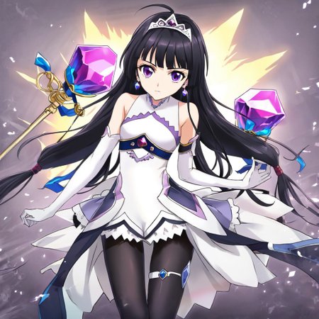 kohaku (tales), black hair, purple eyes, long hair, tiara, earrings, elbow gloves, bare shoulders, white dress, white gloves, arm guards, sleeveless dress, white skirt, pleated dress, purple chest jewel, thigh strap, black pantyhose, bright crystals in the background