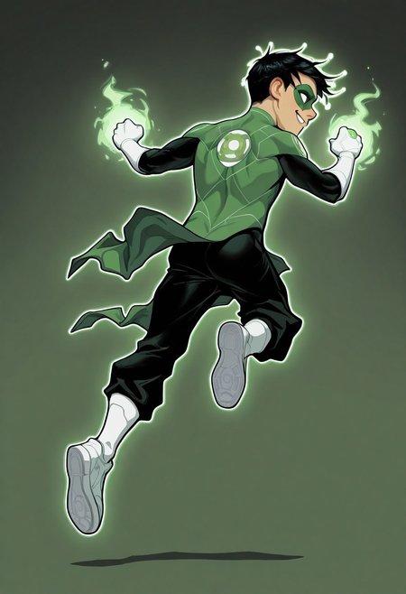 masterpiece, absurdres, high quality, perfect anatomy, 1boy, solo, cute boy, male focus, TaiPham, Black Hair, Green Lantern Ring, Green Lantern Costume, Green and Black Bodysuit, Green Domino Mask, White Eyes, White Gloves, Pelvic Curtain, Black Pants, White Shoes, Glowing Green Outline, Green Energy Aura, floating, levitating, big smile, cinematic, intricately detailed illustration, depth of field, masterpiece, best quality, amazing quality, very aesthetic, absurdres, newest, very awa,  shadow, dynamic angle, casual cosplay, dynamic pose, simple background, green theme, beitemian style, from behind, looking back