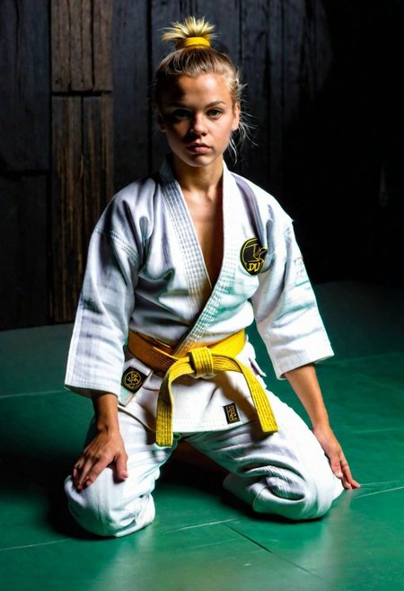 (((jp-j3d-2250))), Oil Painting. (Side) shot of (short, stocky girl). (pretty girl), kneeling alone on floor in small dark private dojo with pale green standard-size judo mats, weapons hung on dark bamboo wall, Japanese decor, playful and ferocious look, twinkling eyes, fair skin, ((extremely sweaty skin)), Very short wavy vanilla-blonde side-swept bob-cut hair with undercut and pigtails. ((dimples)). clavicles. upturned small chest. torpedo breasts, Navel. Disheveled. High-quality ((open white judo top)). wearing long white Judo pants. ((yellow  judo belt)), Hands on thighs. ((One breast exposed)). small dark nipples. ((sneakers)), Dimly lit from one side. Very Dark background. Backlight glow. 80mm f/6, (((1/250s))), ISO 25, golden hour light,