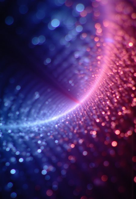 Fractals and bokeh swirl in brilliant shades of blue, purple and red. burned colors glowing with orange heat.  Bands of white light dash across the canvas. High saturation and contrast. sharp lines come into focus. Shattered glass. Shards of crystal.