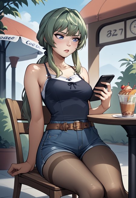 score_9, score_8_up, score_7_up, source_anime, <lora:hildakr-ponyxl-beta1-11:1>, HildaKRDef, green hair, low ponytail, gradient eyes, white pupils, medium breasts, casual, [camisole|tank top], cafe, medium breasts, denim shorts, holding phone, looking at phone, looking down, parted lips, chestnut mouth, slight frown, sitting, chair, thigh gap, blush, outdoors, terrace, toned,dutch angle, brown pantyhose, belt, blurred background,