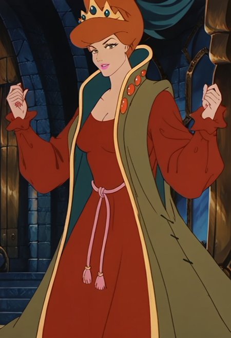 score_9_up, score_8_up, score_7_up, source_cartoon, rating_safe 
JetLagEvilQueen, brown hair, orange hair, lips, lipstick, makeup, brown eyes, breasts, medium breasts, 1girl, crown, short hair, long sleeves,  dress, red dress, cleavage, robe vest, puffy sleeves, solo, full body, looking at viewer