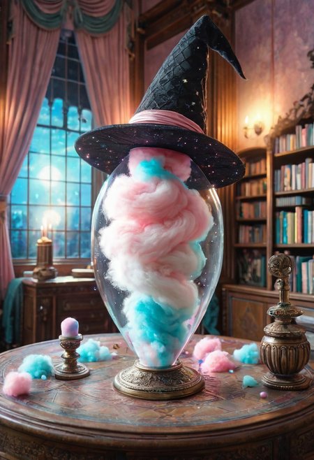 masterpiece, best quality, high resolution, absurdres, ultra-detailed, intricate details, ultra detailed, 8k, highly detailed, very aesthetic, professional 4k, Canon 5d mark 4, extremely detailed, very_detailed, high_detail, sharp focus, clean lines, perfect anatomy, realistic style,  
witch girl, cottoncandy witch hat,
fantasy castle interior, library,
film grain, cinematic, colorful, moody lighting, natural light, soft light, depth of field, bokeh, light particles, backlight, chiaroscuro, refraction, subsurface scattering