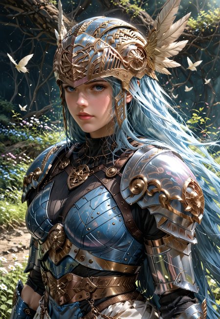 Beautiful woman, 24 years old. Fair skin. Smooth skin. Silvery blue hair. Incredible detail, high clarity. Free hair with braids. Long hair. Pink lips. 

Valkyrie helmet, winged helmet, beaked helmet.

Deep blue armor, metal armor, smooth armor. White pleated skirt.